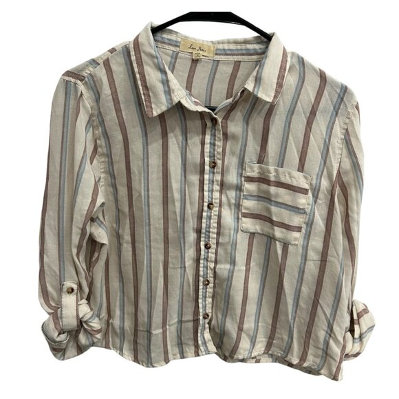 Love Notes Womens Sz Large Striped Button-Down Cropped Shirt Beige Blue Brown - Picture 1 of 10